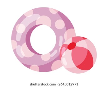 Flat vector illustration of a purple polka-dotted swim ring and red-pink striped beach ball. Perfect for summer, pool, or beach themes. Adds a fun, carefree holiday vibe to any design project.