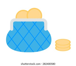 Flat vector illustration. Purse with gold coins.