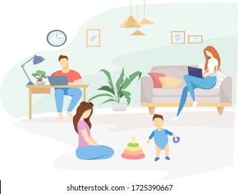 Flat vector illustration. Quarantined family, self-isolation. Mom and dad work from home, the eldest daughter plays with her younger brother. Interior room with lady plants. Coronavirus pandemic.