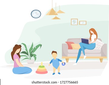 Flat vector illustration. Quarantined family, self-isolation. Mom work from home, the eldest daughter plays with her younger brother. Interior room with lady plants. Coronavirus pandemic.