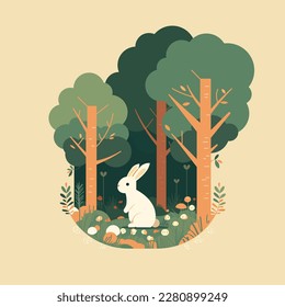 Flat vector illustration of a rabbit in the forest. A cute white hare sits on the grass surrounded by a lush green forest, flowers and trees. Drawing on nature, holiday theme and spring projects.