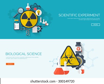 Flat vector illustration. Radiation and biological danger symbols. Scientific experiment and science. Laboratory research.