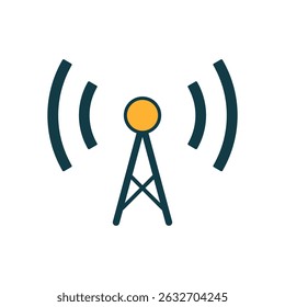Ilustração vetorial plana de torre de rádio com antena amarela e ondas de sinal wireless no fundo branco