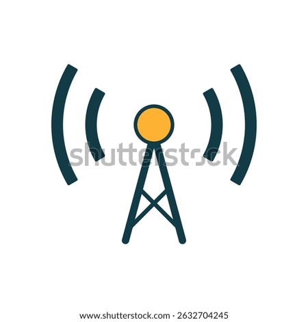 Flat vector illustration of radio tower with yellow antenna and wireless signal waves on white background
