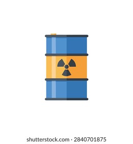Flat vector illustration of a radioactive waste barrel icon with hazard symbol on white background.