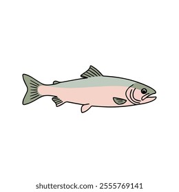 Flat vector illustration of rainbow trout with pastel pink body, greenish-blue gradient, streamlined fins, minimalistic design, modern aesthetic