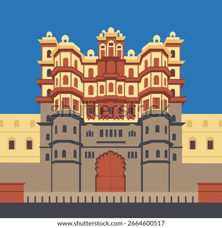 Flat vector illustration of Rajwada Palace, iconic seven-storey historical monument in Indore, Madhya Pradesh, India, perfect for travel, tourism, heritage, and architectural design projects