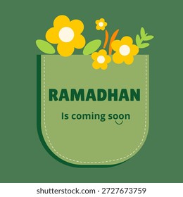 Ilustración vectorial plana de un saludo de Ramadán con decoración floral en un diseño de bolsillo, con el texto "Ramadán está llegando pronto". Conveniente para la celebración islámica, los medios de comunicación sociales, y la promoción estacional.
