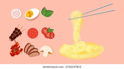 Flache Vektorgrafik von Ramen-Zutaten und Nudeln mit Stäbchen