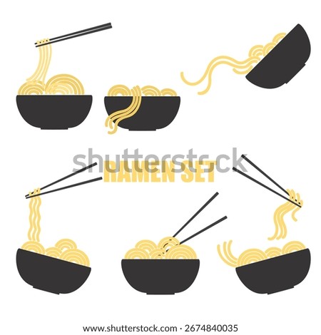 Flat vector illustration of ramen, soup, and chopsticks in one bowl. Minimalistic Japanese food set, assortment for restaurant menu, Asian food concept. Isolated graphic design on a background.
