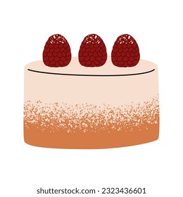 Flat vector illustration of a raspberry berry cake. Sweet pastries, confectionery with filling. Isolated design on a white background.