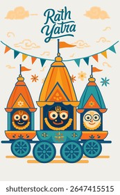 Ilustração vetorial plana do festival de carruagens Rath Yatra com divindades estilizadas Jagannath, Balabhadra e Subhadra montando o carro decorado do templo sob bunting festivo