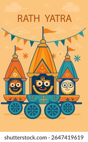 Ilustração vetorial plana do festival de carruagens Rath Yatra com divindades estilizadas Jagannath, Balabhadra e Subhadra montando o carro decorado do templo sob bunting festivo
