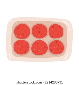 Flat vector illustration of raw meat cutlets in a package. A hand-drawn product on a white background.