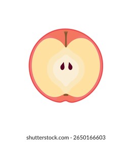 Flat vector illustration of red apple slice with seeds. Perfect for food labels, packaging, kids books, healthy eating posters, menu design, and organic product branding.