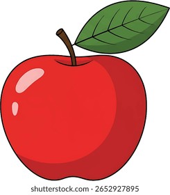 Flat vector illustration of a red apple with a green leaf. Clean and modern design perfect for food labels, healthy eating, education, and organic product branding.