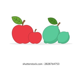 Flat vector illustration of red apples and green limes in large and small sizes