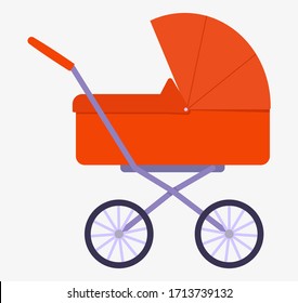 Flat vector illustration: red baby carriage.