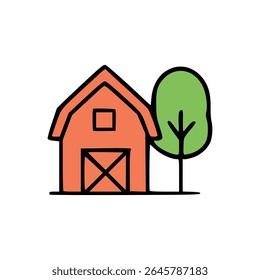 Ilustração de vetor plano da casa do celeiro vermelho com árvore verde representando a fazenda, a agricultura e a paisagem rural