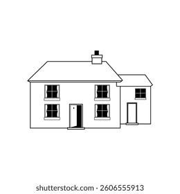 Flat Vector Illustration, Red Brick Mansion with Grey Roof, Simplified Castle Drawing, Colorful Architecture, Isolated on White