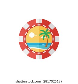 Flat Vector Illustration of a Red Casino Poker Chip Featuring a Tropical Beach Scene with Palm Tree