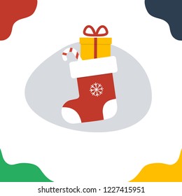  Flat Vector Illustration of Red Christmas Sock with Candies and Gifts. Merry Christmas and New Year Greeting Card. Winter Holiday Icons