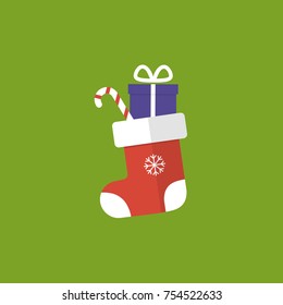 Flat vector Illustration of Red Christmas Sock with Candies and Gifts