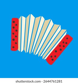 Flat vector illustration of a red and cream accordion on blue background. Minimal modern style for music, folk festival designs, posters, logos, album covers, websites.
