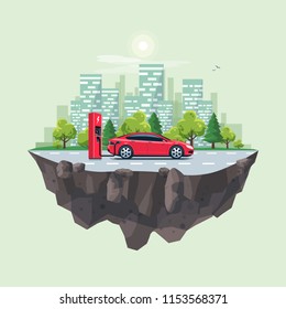 Flat vector illustration of a red electric car charging at the charger station on the street with green city skyline on the flying earth globe island landscape. Electromobility e-motion concept. 