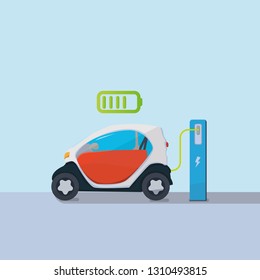 Flat vector illustration of a red electric car charging at the charger station. Vector Electric car infographic with icons.