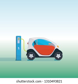 Flat vector illustration of a red electric car charging at the charger station. Vector Electric car infographic with icons.