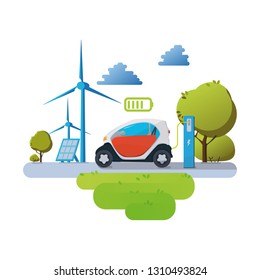Flat vector illustration of a red electric car charging at the charger station in front of the solar panels and wind turbines. Vector Electric car infographic with icons.