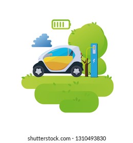 Flat vector illustration of a red electric car charging at the charger station. Vector Electric car infographic with icons.