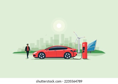 Flat vector illustration of a red electric car charging at the charger stand on the street with green city skyline in the background. Renewable electricity energy solar and wind power station.