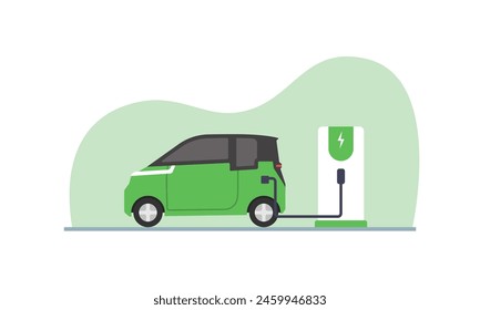 Ilustración vectorial plana de un coche eléctrico rojo cargando en la estación de carga. Concepto de electromovilidad e-motion.