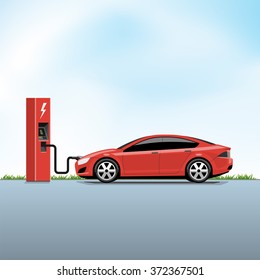 Flat vector illustration of a red electric car charging at the power station side view. Electromobility e-motion concept.