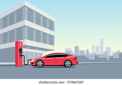 Flat vector illustration of a red electric car charging at the charger station in front of the office building in the city. Electromobility e-motion concept. Charge the vehicle during work time.