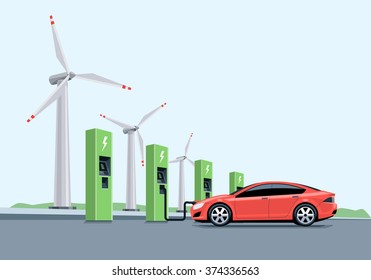 Flat vector illustration of a red electric car charging at the charger station in front of the windmills. Electromobility e-motion concept. 