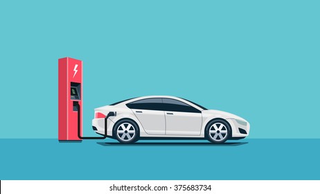 Flat vector illustration of a red electric car charging at the charger station. Electromobility e-motion concept. 