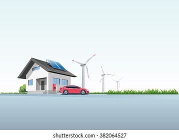 Flat vector illustration of a red electric car charging at the wall charging station placed on a house with solar panels. Wind turbines are in the background. 