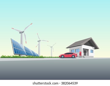 Flat vector illustration of a red electric car charging at the wall charging station placed on a house near solar panels and wind turbines producing electricity. Charge at home concept. 