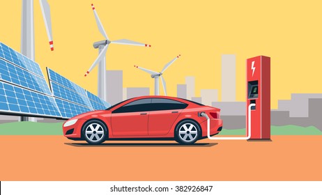 Flat vector illustration of a red electric car charging at the charger station in front of the solar panels and wind turbines. City skyline in the background. Warm retro feeling.