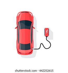 Flat Vector Illustration Of A Red Electric Car Charging At The Charger Station In Cartoon Style. Electromobility Eco E-motion Concept. Top View Of An Electric Vehicle Charging On White Background.