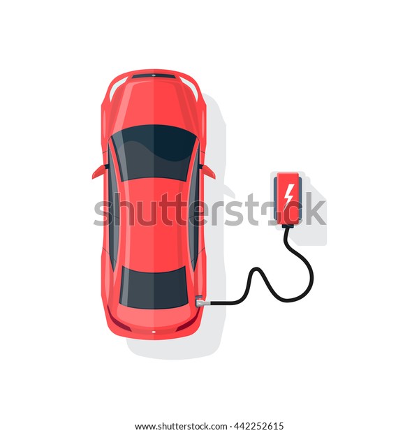 Flat vector illustration of a red electric\
car charging at the charger station in cartoon style.\
Electromobility eco e-motion concept. Top view of an electric\
vehicle charging on white\
background.