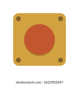 Flat Vector Illustration of Red Emergency Button on Yellow Panel with Screws in Corners Isolated on White Background