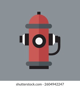 Flat vector illustration of a red fire hydrant with black and white details. Essential firefighting equipment for urban areas. Minimalist design on a grey background.