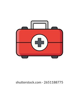 A flat vector illustration of a red first aid kit with a white handle, black latches, and a prominent white circle featuring a gray medical cross. Ideal for health, safety, or emergency-related design