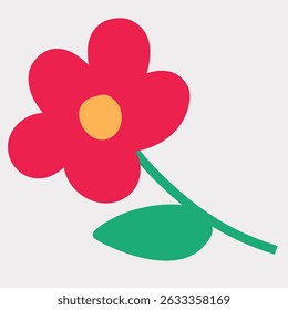 Flat vector illustration of a red flower with yellow center and green stem. Bold and vibrant floral design on light background. Suitable for spring decorations, children’s prints, and invitations.