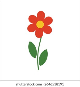 Flat vector illustration of red flower with yellow center and green leaves, perfect for spring themes, floral logos, eco-friendly branding, garden decor, and kids’ educational graphics.

