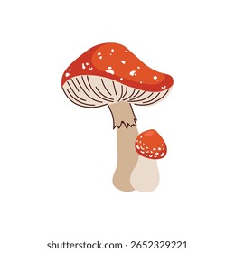 Flat vector illustration of a red fly agaric mushroom with white spots and a smaller mushroom beside it, isolated on white background